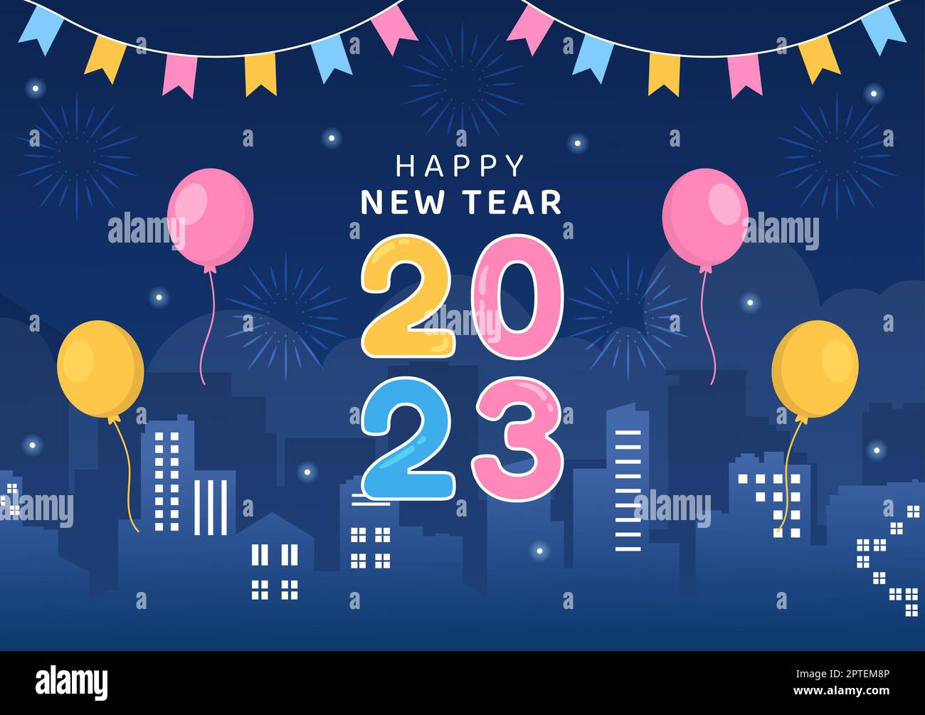 Happy New Year Celebration Flat Cartoon Background Hand Drawn Templates Illustration Stock Photo