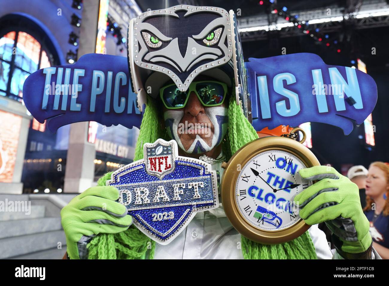 Kansas City, United States. 27th Apr, 2023. A Seahawks fan poses for a  photo before the NFL Draft at Union Station in Kansas City, Missouri on  Thursday, April 27, 2023. Photo by