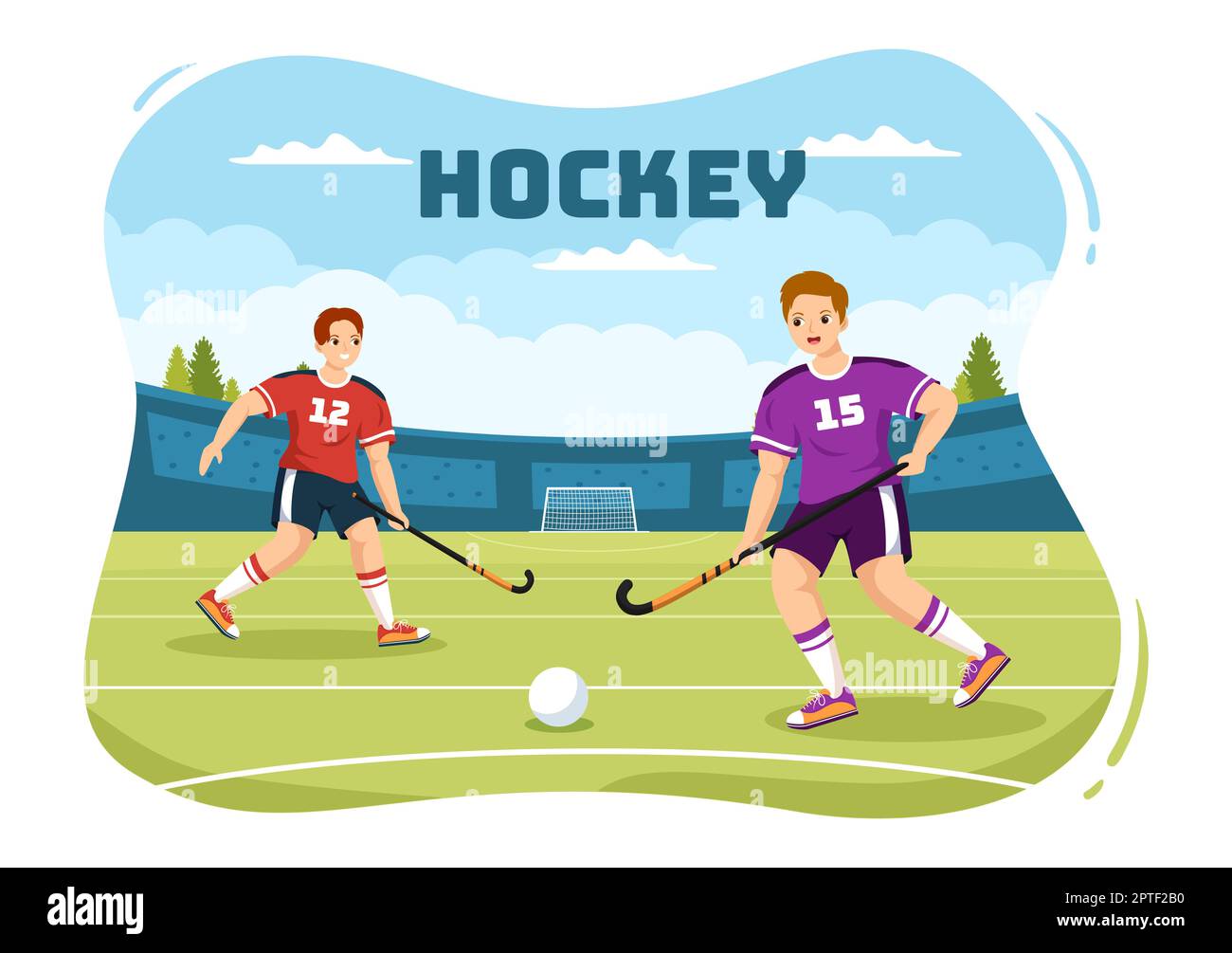 Hockey Player Sport with Helmet, Stick, Puck and Skates on Green Field
