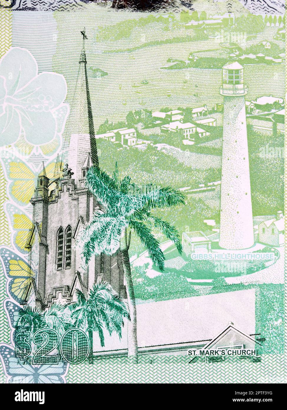Gibbs Hill Lighthouse and St. Mark's Church from Bermudian money - dollar Stock Photo