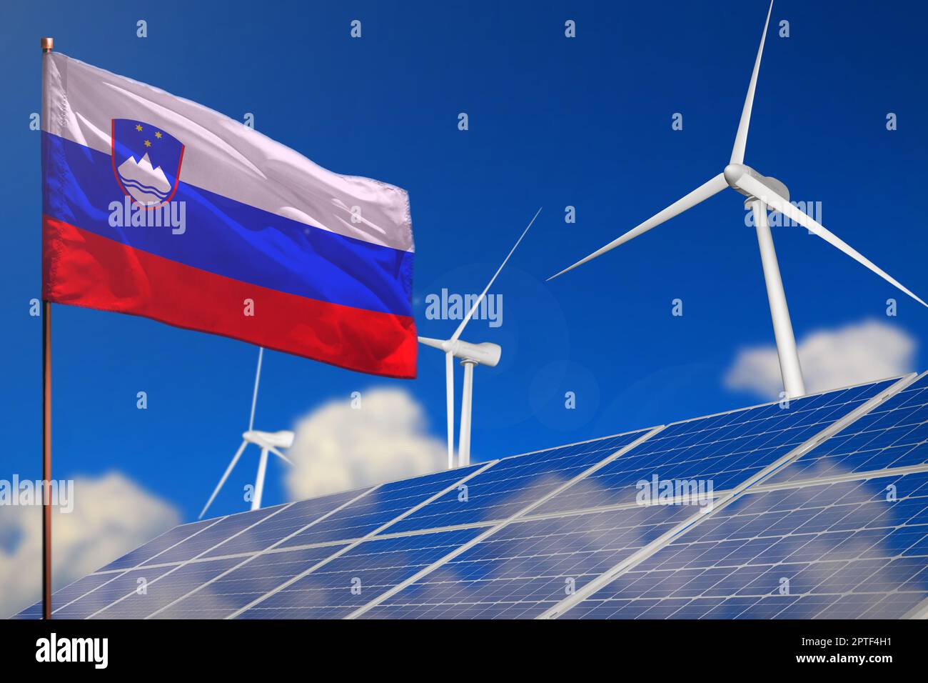 Slovenia renewable energy, wind and solar energy concept with wind turbines  and solar panels - alternative energy - industrial illustration, 3D illust  Stock Photo - Alamy