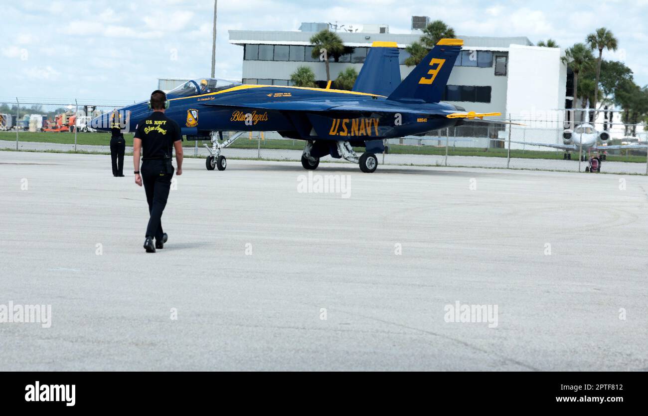 Fort Lauderdale, United States. 27th Apr, 2023. The U.S. Navy Blue Angels in F/A 18 Super Hornets arrive at Fort Lauderdale airport during the media day event on Thursday, April 27, 2023 in Fort Lauderdale, Florida. Photo By Gary I Rothstein/UPI Credit: UPI/Alamy Live News Stock Photo