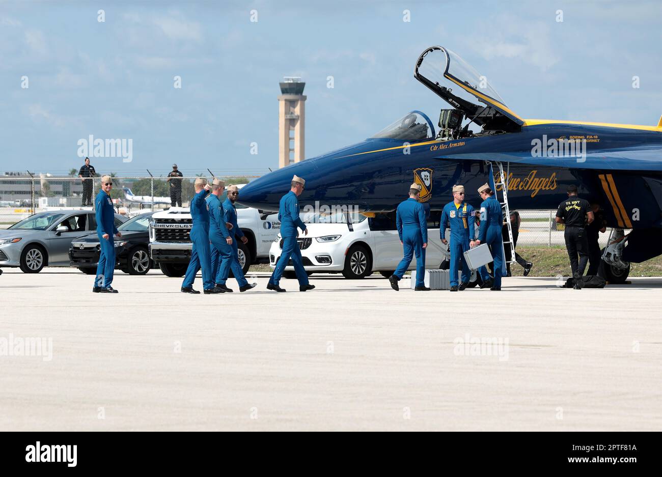 Fort Lauderdale, United States. 27th Apr, 2023. The U.S. Navy Blue Angels in F/A 18 Super Hornets arrive at Fort Lauderdale airport during the media day event on Thursday, April 27, 2023 in Fort Lauderdale, Florida. Photo By Gary I Rothstein/UPI Credit: UPI/Alamy Live News Stock Photo
