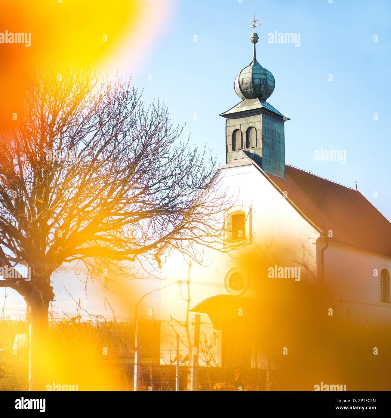 Autumnal vineyards, wine garden chapel in Neckenmarkt, Oberpullendorf District, Burgenland, Austria Stock Photo