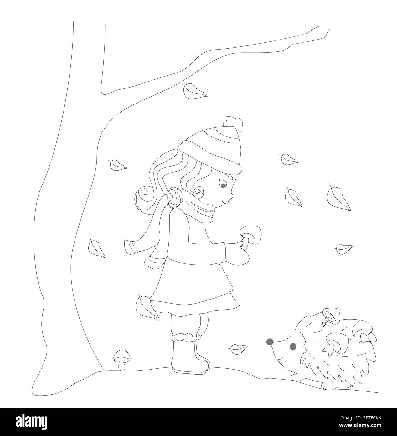 girl and hedgehog are picking mushrooms in autumn - coloring book Stock Photo