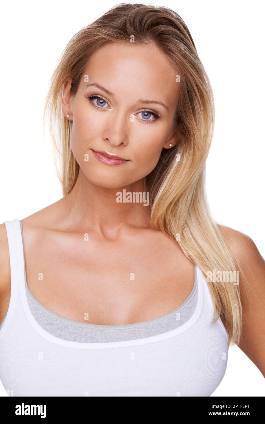 Stern beauty - Serious about her wellbeing. Portrait of a beautiful blond woman isolated on a white background Stock Photo