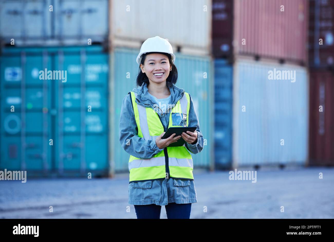 Supply chain, tablet and logistics with a woman shipping worker on a