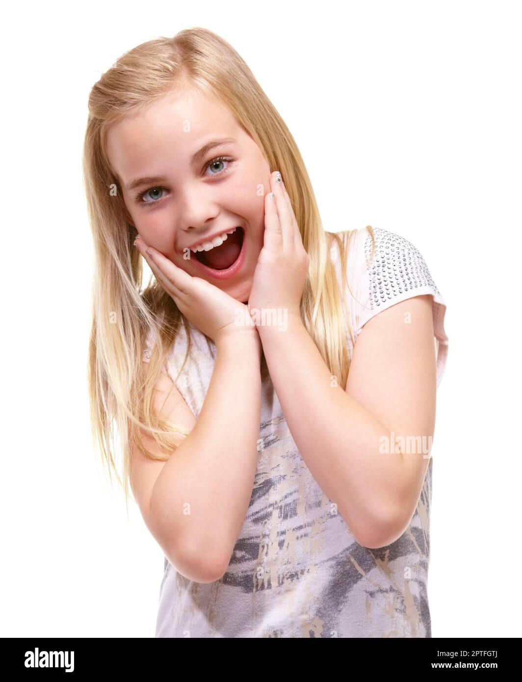 Girl blonde hair smiling child preteen hi-res stock photography