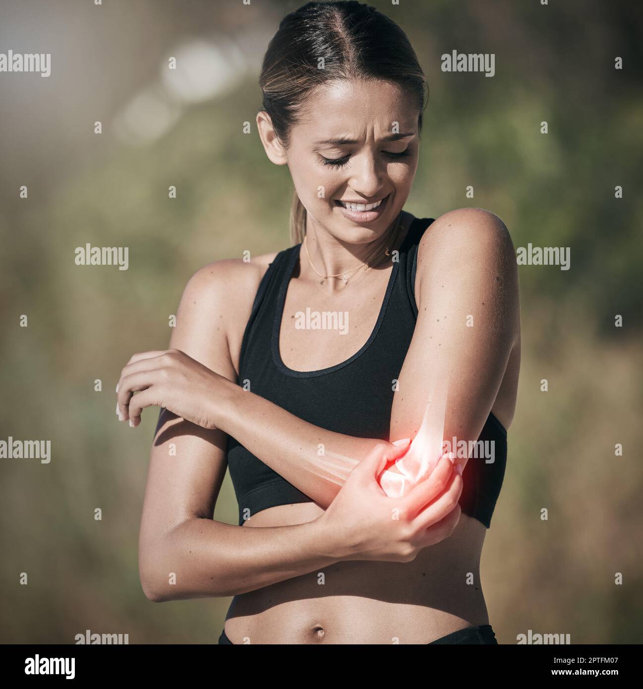 Workout woman and elbow pain from injury in joint and physical trauma