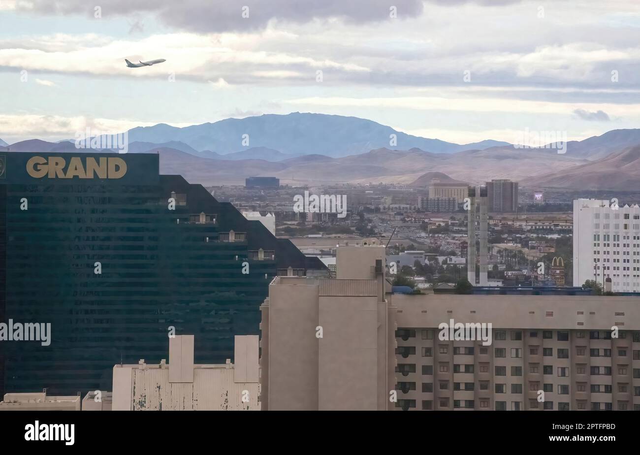 Downtown Grand Hotel Casino and Hilton Vacation Club Polo Towers with the mountains in the