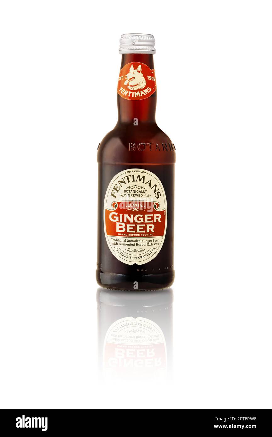 Tallinn, Estonia January, 2023 Bottle of Fentimans ginger beer on