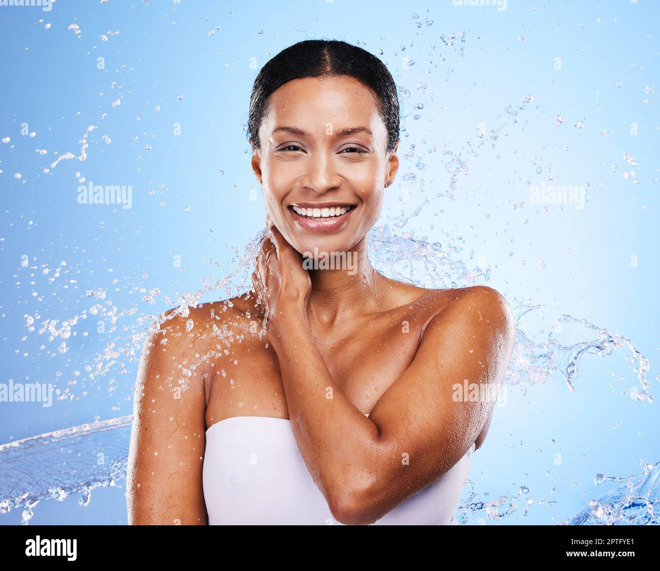 Shower, water and black woman in splash and clean portrait with grooming and hygiene against