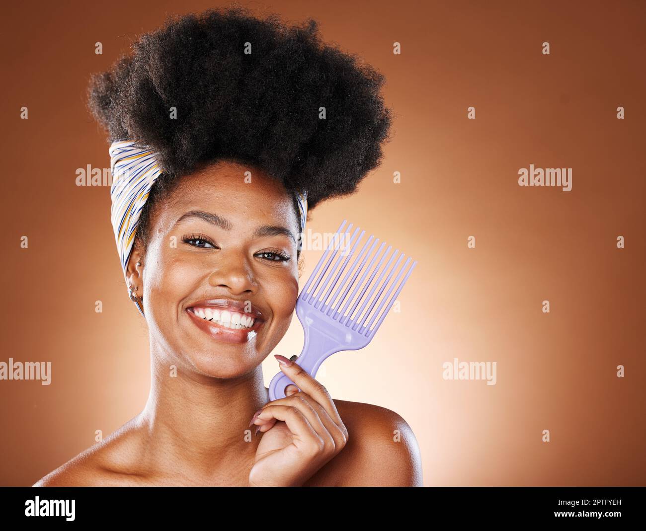 Hair care, beauty and black woman with afro comb for a routine in
