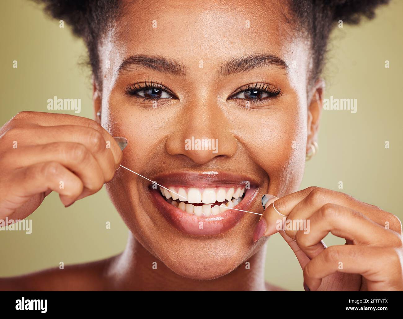 Floss, teeth and portrait of a black woman with dental, dentist and