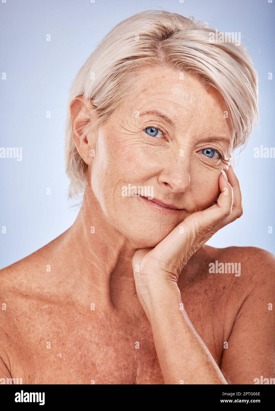 Elderly woman, skincare and face healthcare for beauty or wellness lifestyle motivation. Anti aging treatment, cosmetics makeup and natural healthy fa Stock Photo