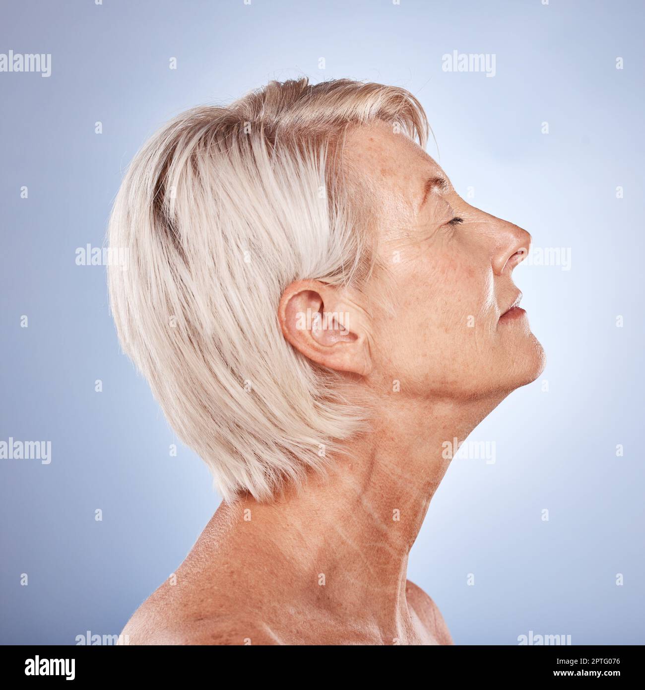 Senior woman, profile and facial skincare for natural beauty or luxury cosmetics makeup. Elderly model, face dermatology wellness and healthy body lif Stock Photo