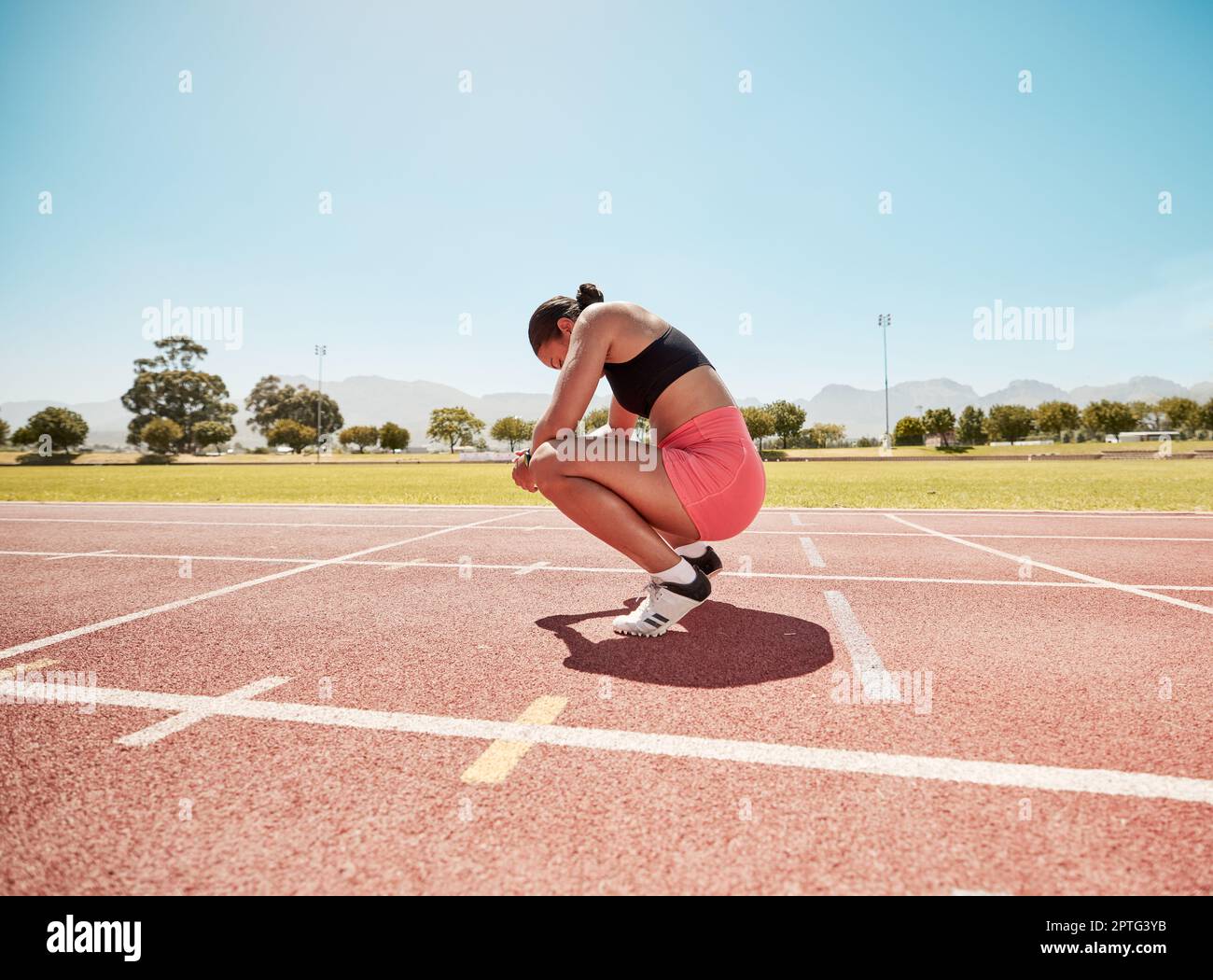 Tired, rest and woman athlete after running, sport and runner workout outdoor. Training fatigue
