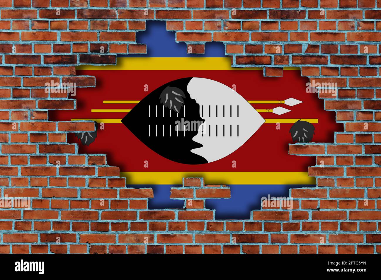 3D Flag of Eswatini behind the broken old stone wall background Stock ...