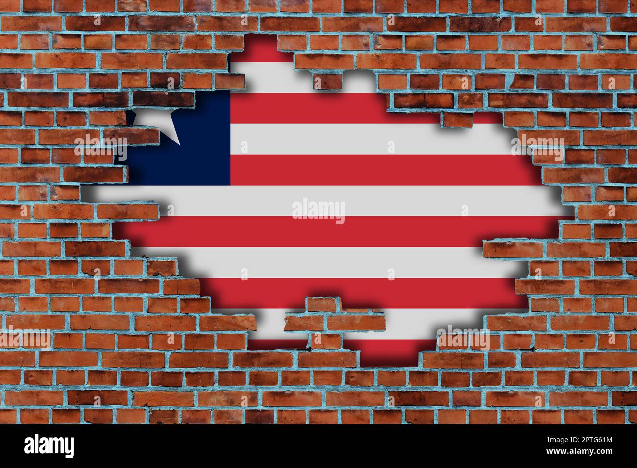 3D Flag of Liberia behind the broken old stone wall background Stock ...