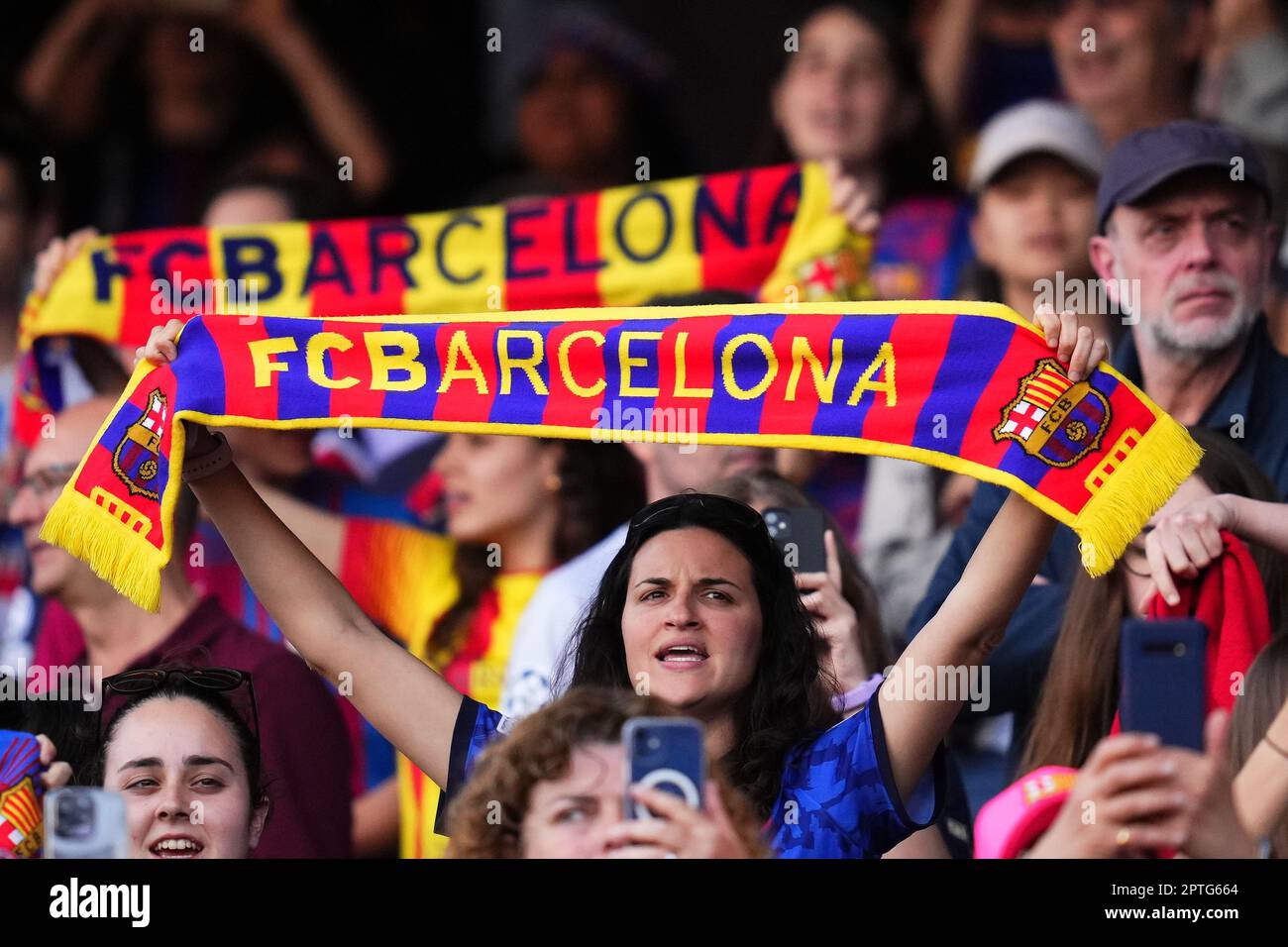 FC Barcelona scarves during the UEFA Womens Champions League match, Semi-Finals, 2nd leg between FC Barcelona v Chelsea FC played at Spotify Camp Nou Stadium on April 27, 2023 in Barcelona, Spain. (Photo by Colas Buera / PRESSIN) Stock Photo