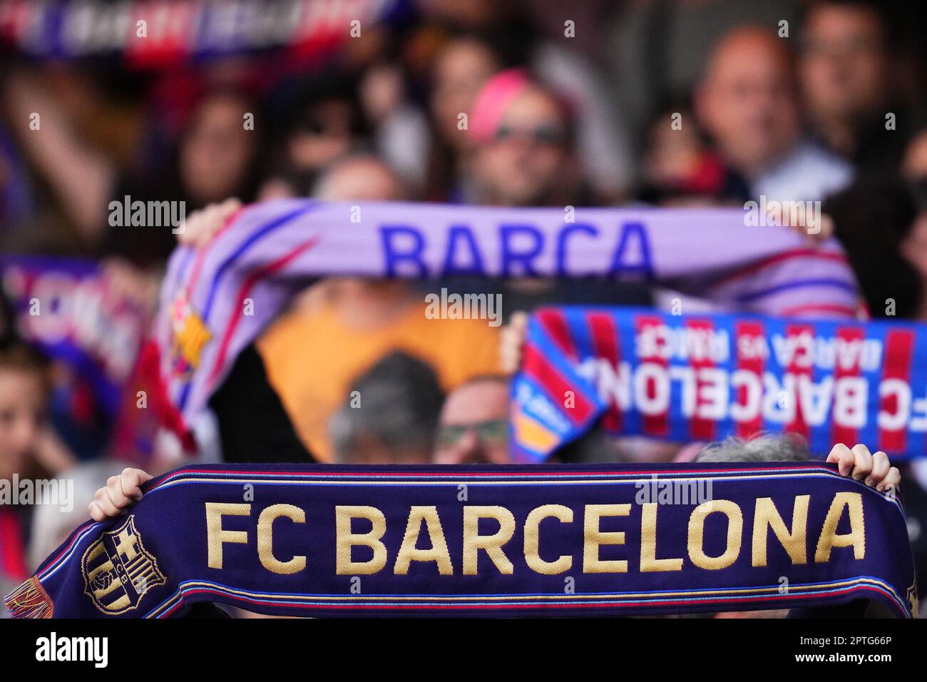 FC Barcelona scarves during the UEFA Womens Champions League match, Semi-Finals, 2nd leg between FC Barcelona v Chelsea FC played at Spotify Camp Nou Stadium on April 27, 2023 in Barcelona, Spain. (Photo by Colas Buera / PRESSIN) Stock Photo