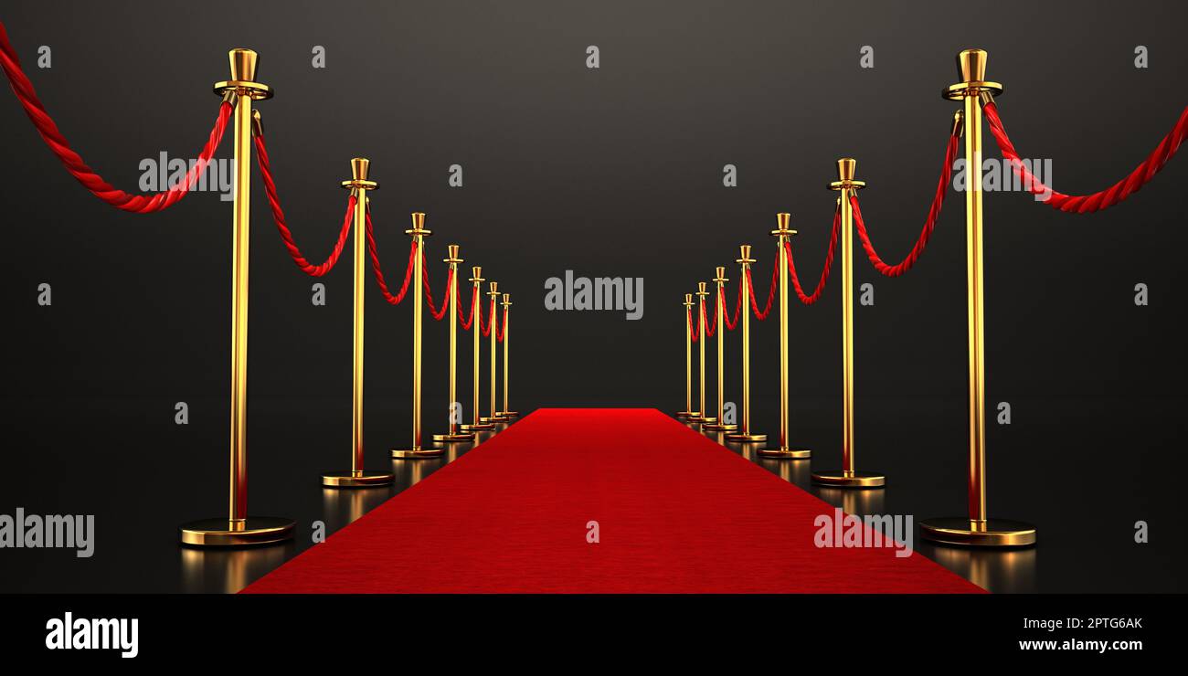 Red carpet and velvet ropes isolated on dark background. 3D ...