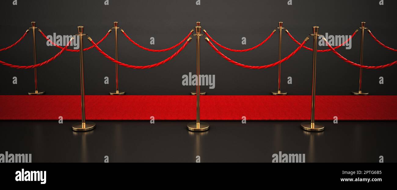 Red carpet and velvet ropes isolated on dark background. 3D ...