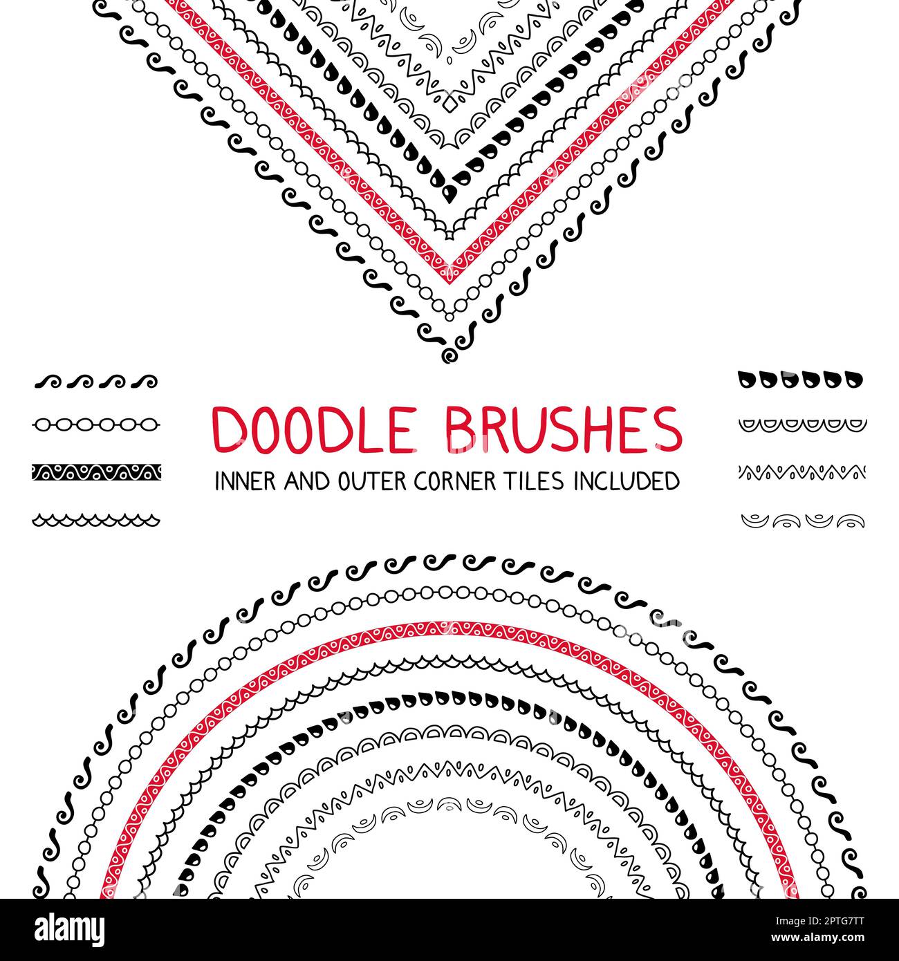 Doodle brushes set with inner and outer corners, hand drawn vector