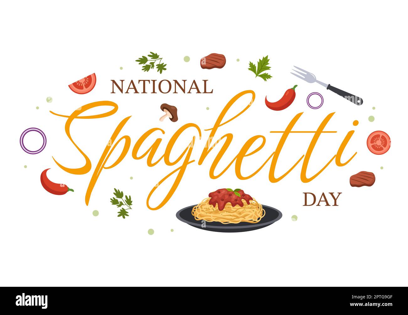 National Spaghetti Day on 4th January with a Plate of Italian Noodles or Pasta Different Dishes in Flat Cartoon Hand Drawn Template Illustration Stock Photo