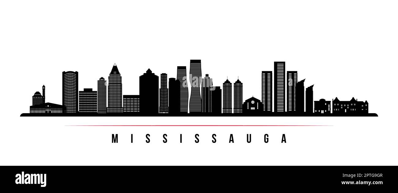 Mississauga skyline horizontal banner. Black and white silhouette of