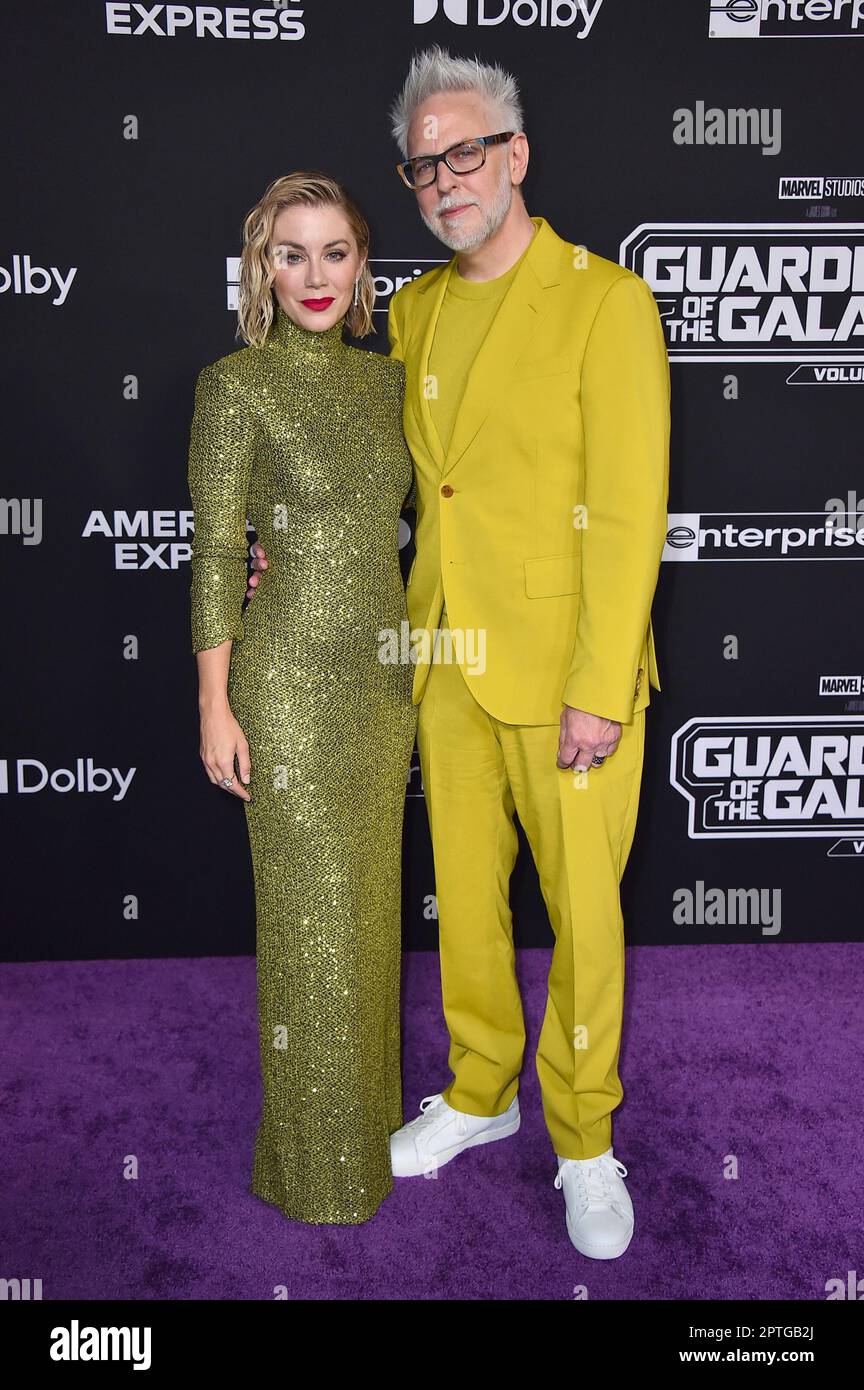 James Gunn, right, and Jennifer Holland arrive at the world premiere of "Guardians of the Galaxy