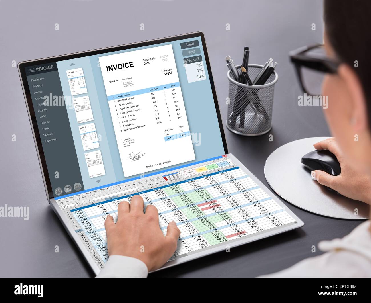 Business Data Audit Spreadsheet On Analyst Computer Stock Photo