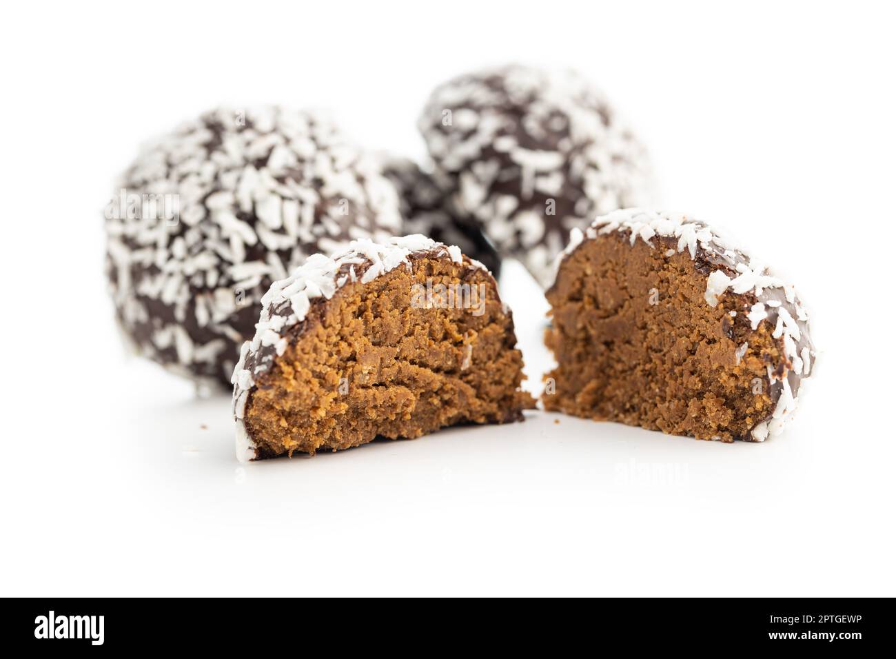 Coconut chocolate balls isolated on the white background. Stock Photo