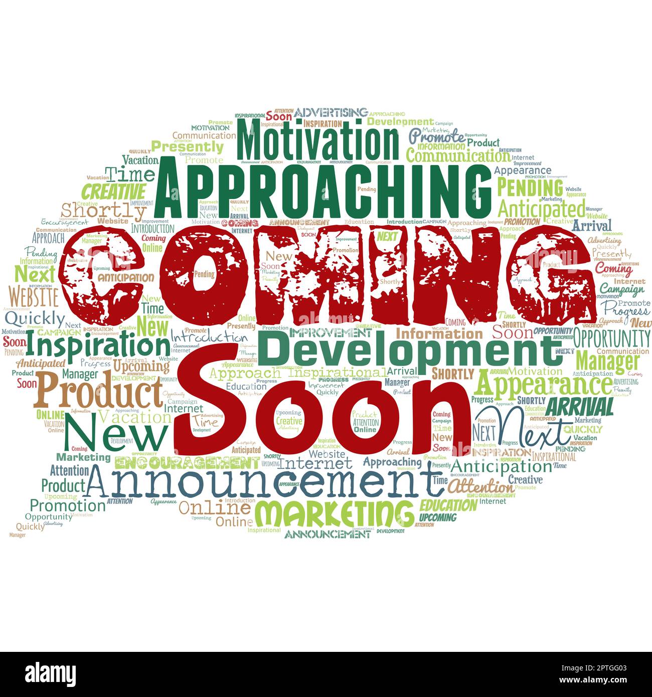 Big word cloud in the shape of speech bubble with words coming soon. Stock Photo