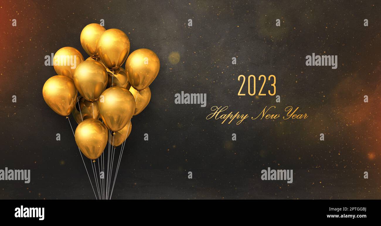 2023 Happy new year greeting card with blank copy space. Gold balloons on black background Stock Photo