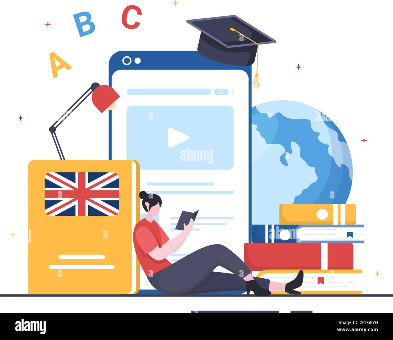 Language school template hand drawn cartoon flat illustration of online