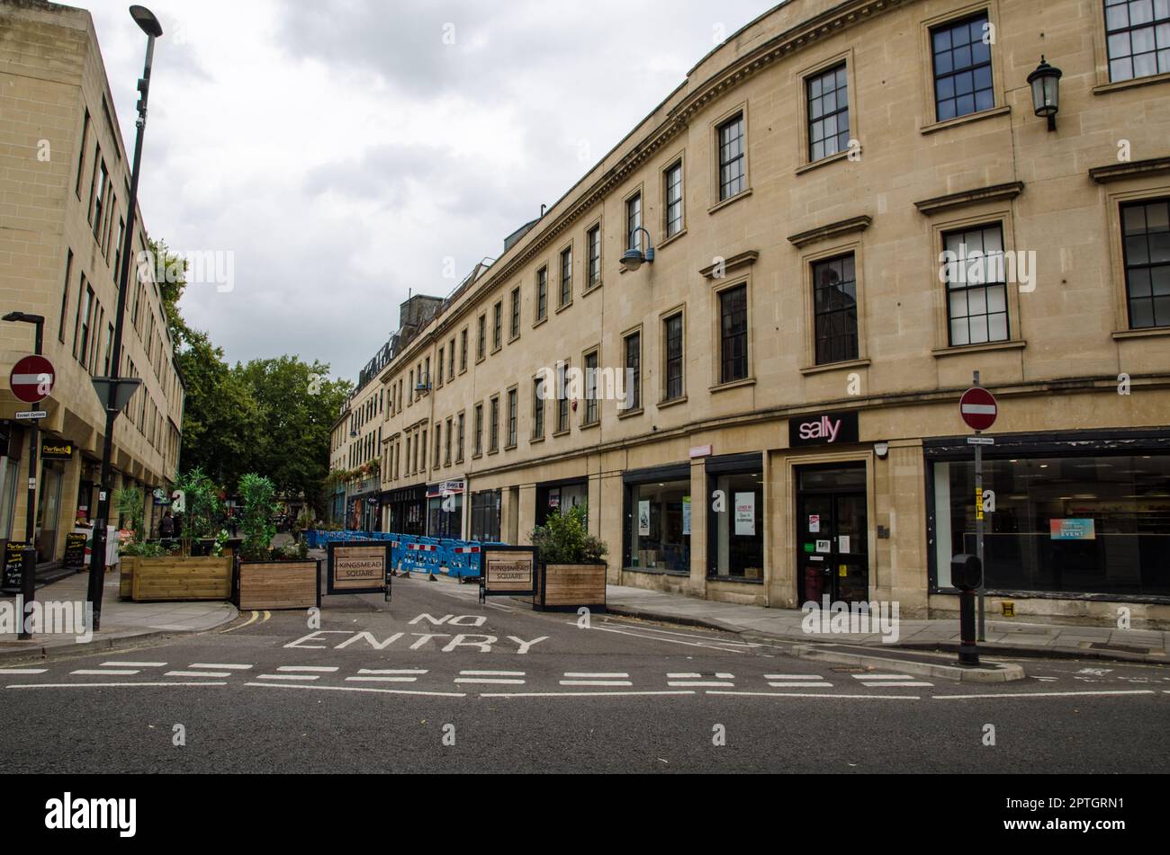 Bath, UK - September 3, 2022: View along Kingsmead Square with shops and cafes in Bath, Somerset on a cloudy autumn afternoon. Stock Photo