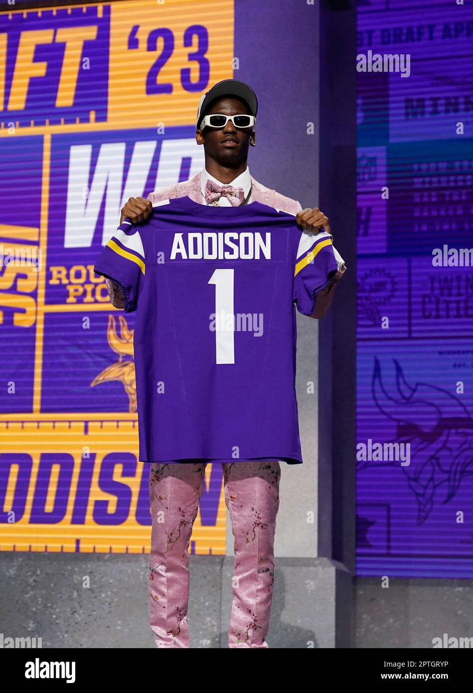 Southern California wide receiver Jordan Addison holds a jersey after being  chosen by the Minnesota Vikings with the 23rd overall pick during the first  round of the NFL football draft, Thursday, April