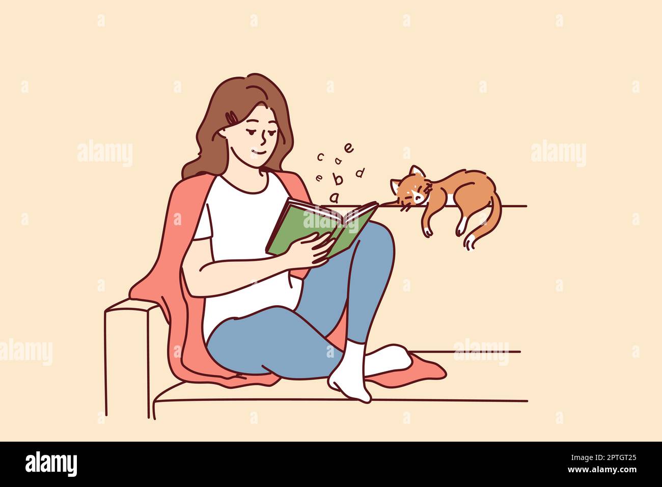 Happy woman sit on sofa reading book Stock Vector