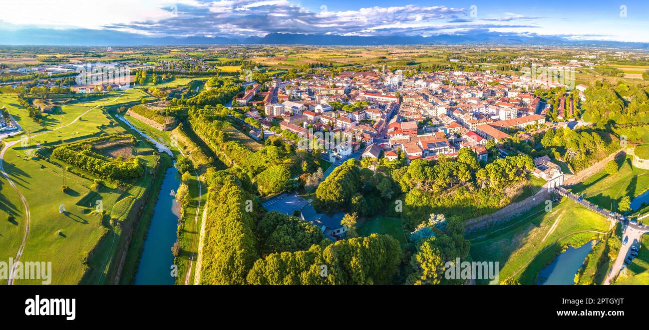Scenic aerial panoramic view of town of Palmanova green landscape, star ...