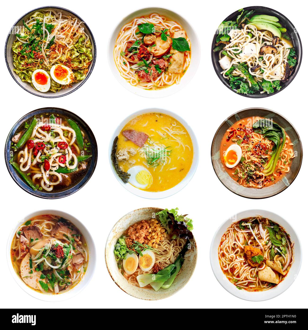 Collection of Asian noodle ramen bowls, top view japanese food isolated