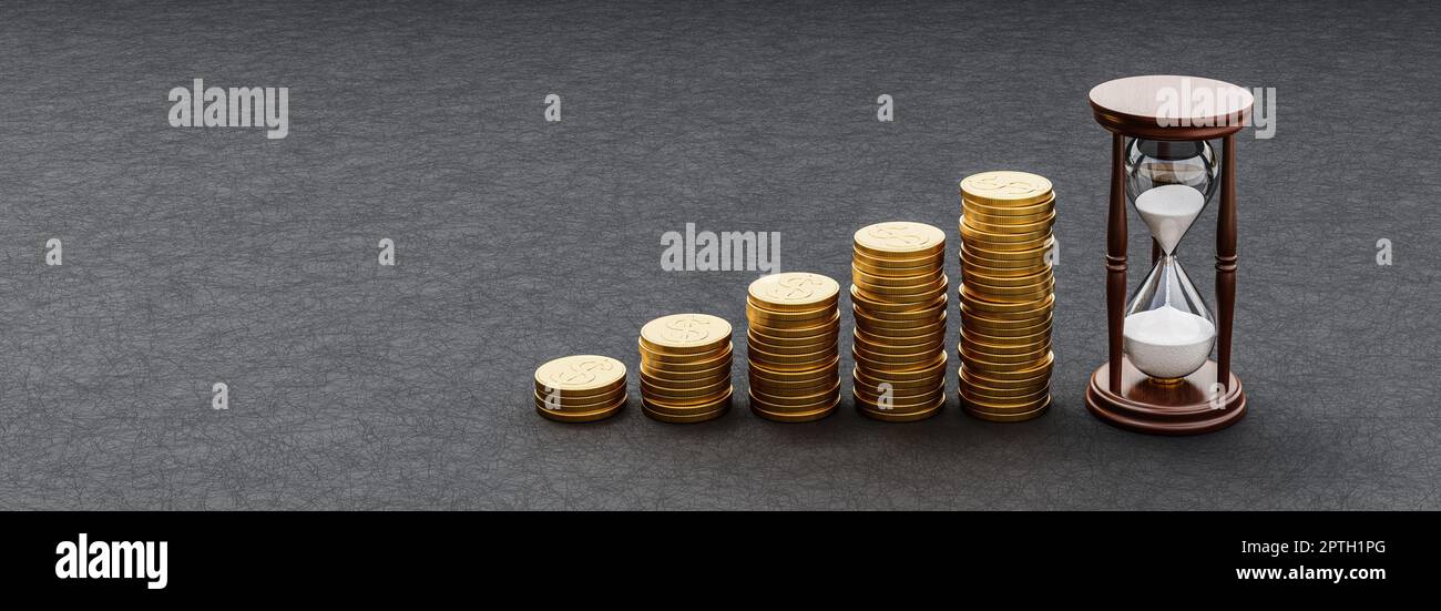 Rising Heaps of Golden Coins on Dark Background with Classic Wooden ...