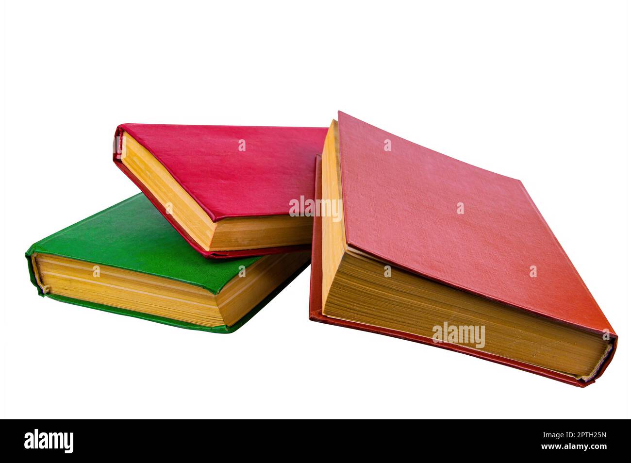 A stack of old books with colored covers. Books for reading. Old book. Book page of yellow paper. White background. Paper product. Read literature. Ba Stock Photo