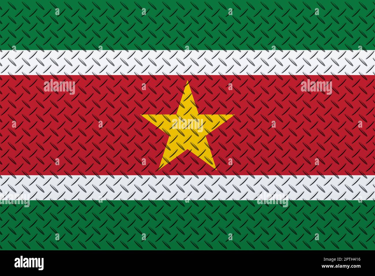 3D Flag of Suriname on a metal wall background. Stock Photo