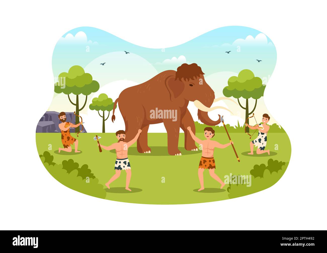 Prehistoric Stone Age Tribes Hunting Large Animals with Weapon in Flat