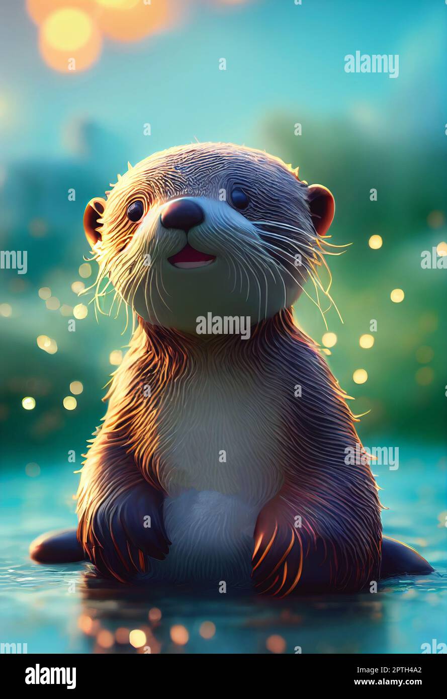 Portrait of a cute baby sea otter. Digital art 3D illustration in ...