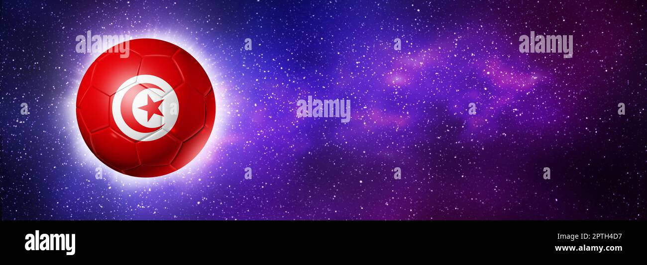 3D soccer ball with Tunisia team flag. Space background. Football 2022