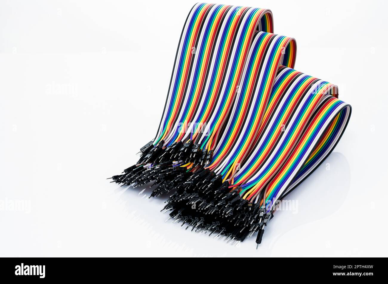 Ribbon cable or multiwire planar cable on white background. Flat