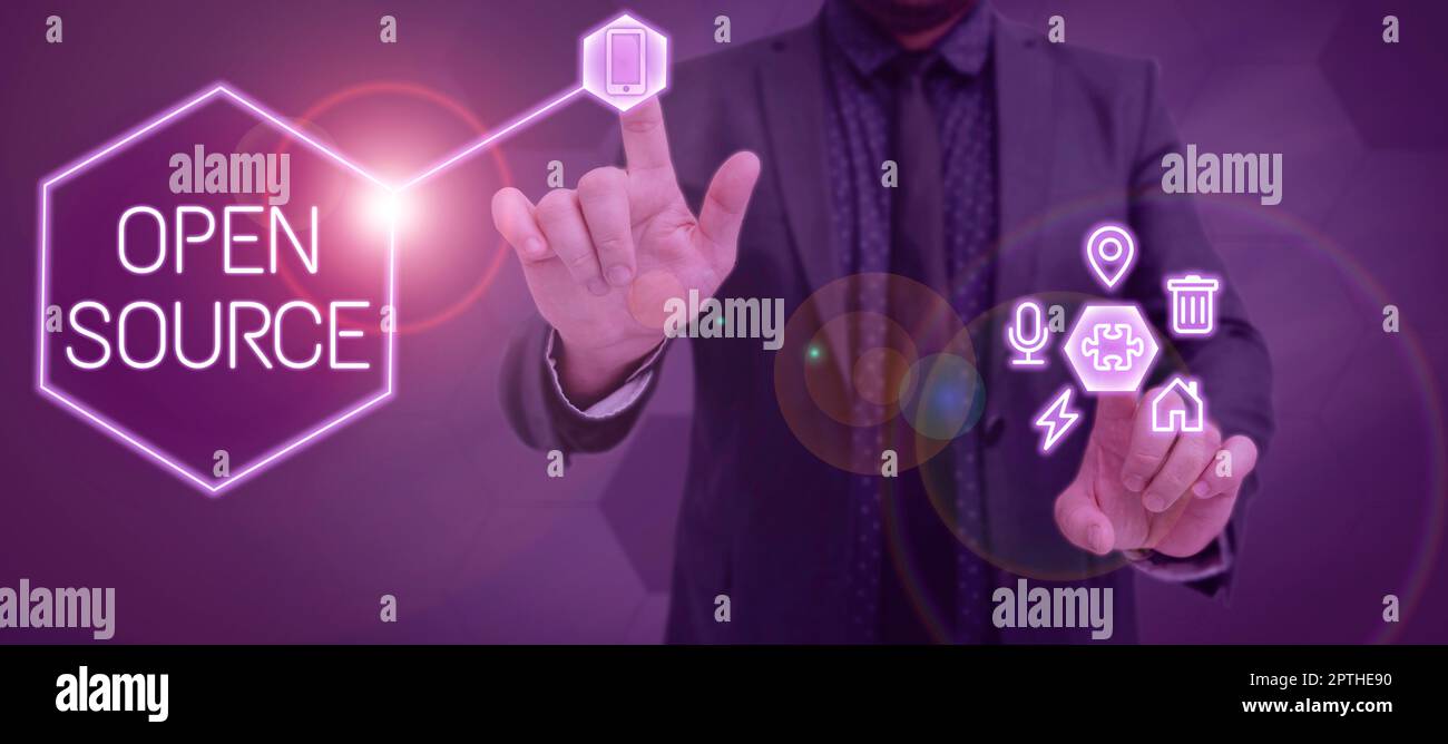 Text caption presenting Open Source, Business idea contains the source code that can be modified and enhanced Stock Photo