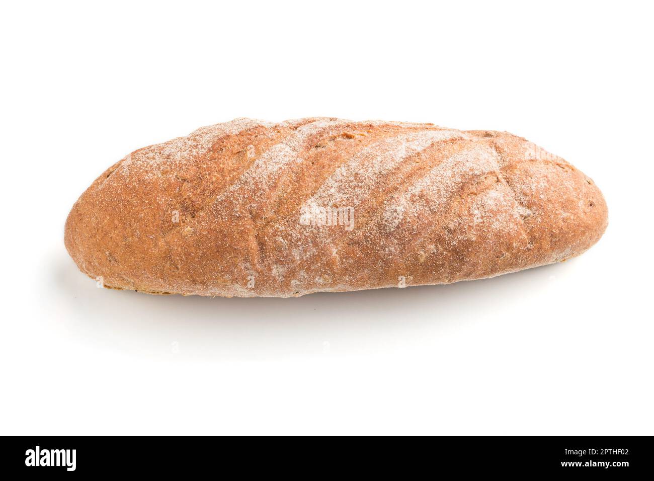Fresh homemade bread with flour isolated on white background. side view ...
